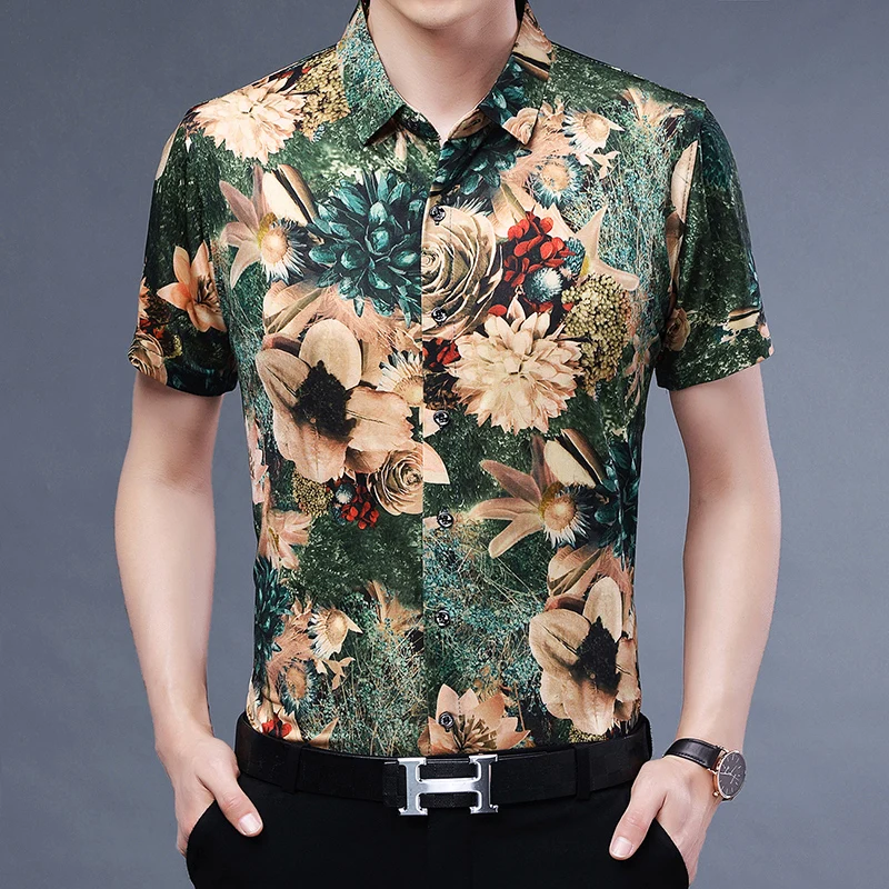 Amazing Silky Shirts For Men Short Sleeve Floral 3D Digital Print Summer Quality Anti-Wrinkle Easy Care Casual Camisas De Hombre