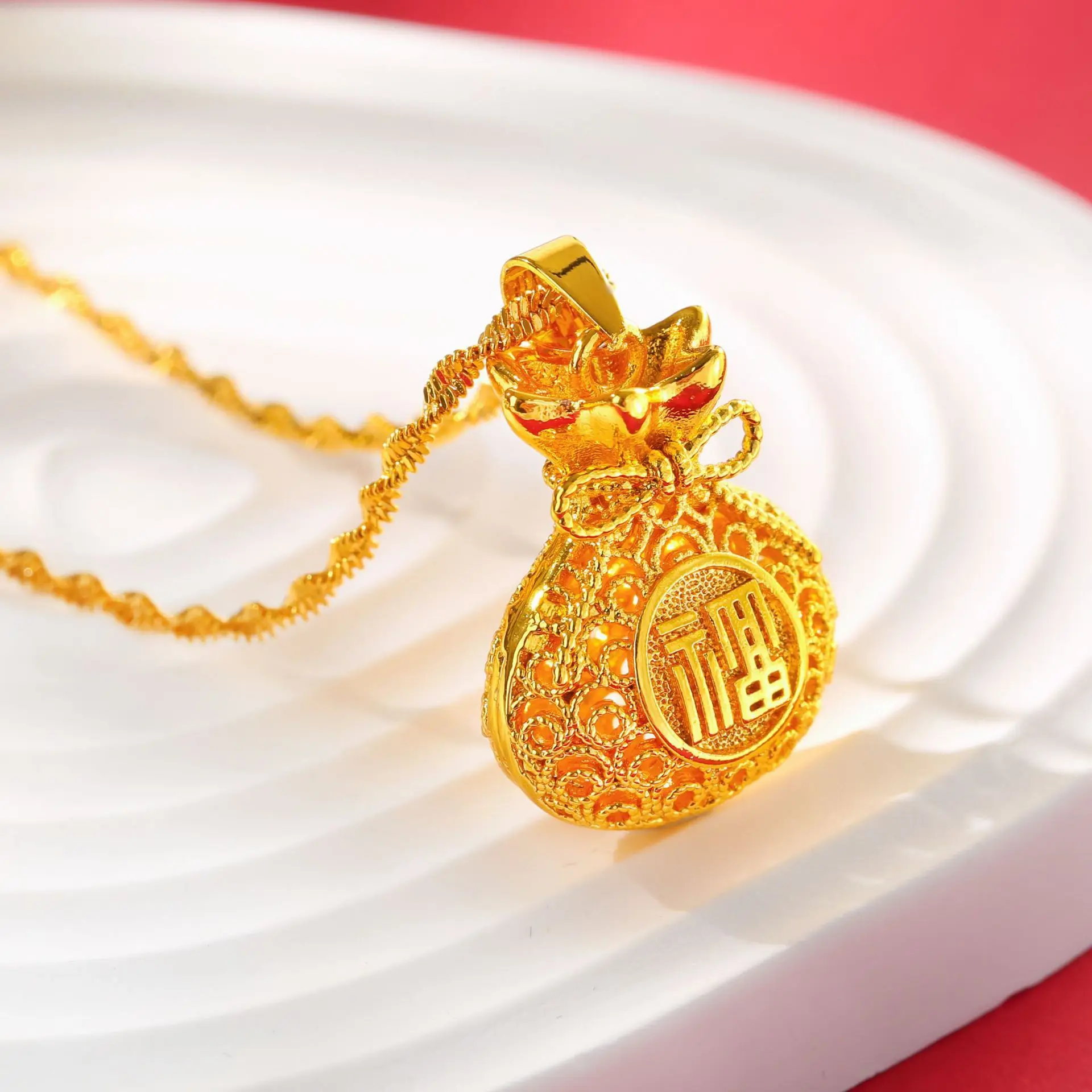 24K Gold Plated Lucky Bag Pendant Necklace for Women, Chinese Fu Character Hollow Out Sand Gold Color Chain, Traditional Ethnic