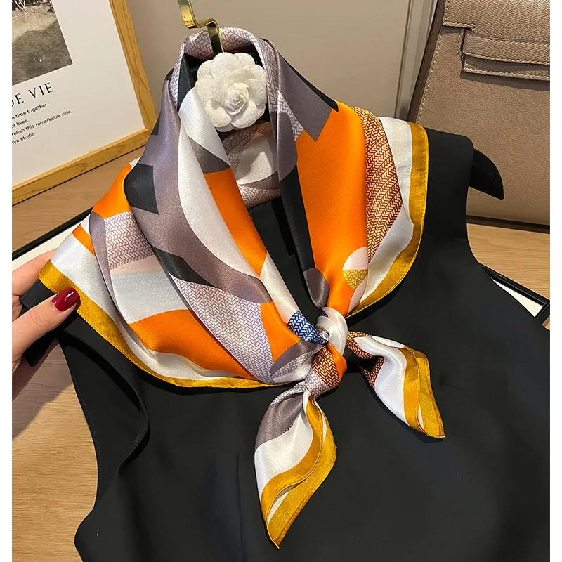 Geometric Abstract Horse Square Scarf 66*66CM 100% MULBERRY SILK Orange Printed Neck Scarf Unisex Decorative Bandana Gift