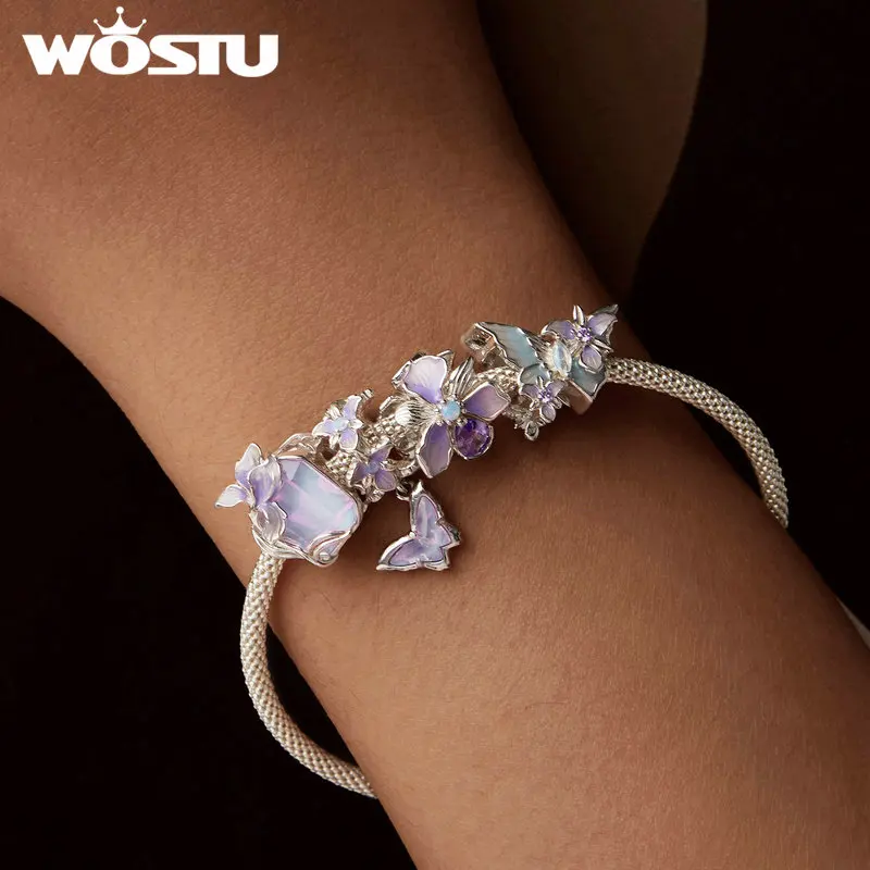 WOSTU 925 Sterling Silver Mystic Butterfly Charm Purple Iris Flower Beads Crystal Pendant Fit DIY Bracelet Necklace Party Gift