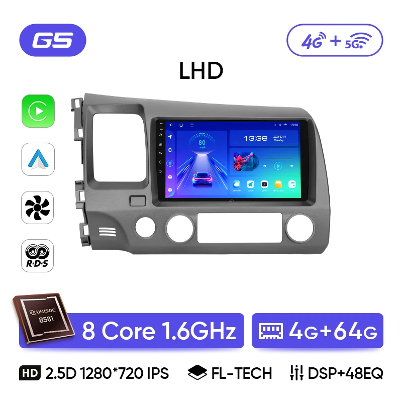 Ainavi autoradio voor Honda Civic 8e generatie (2005-2011) multimedia draadloos CarPlay Android Auto