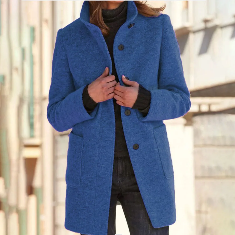 Retro Winter Woman Overcoat with Single Breasted Front Long Sleeves and Turtleneck Neckline Including Functional Pockets