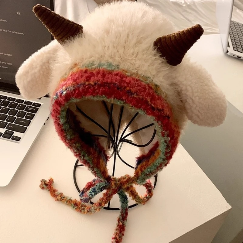 Kawaii الصوت المنشط لامب قبعة محشوة دافئ أفخم قبعة شتوية لطيف صرير الأذن قبعة أغطية الرأس للأطفال ارتداء اليومي الهدايا