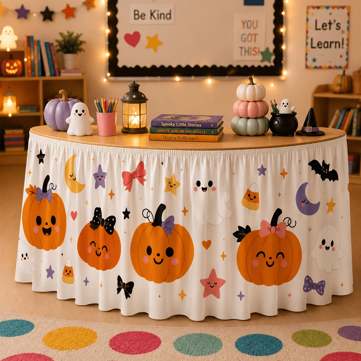 1 piece, cute girl Halloween table skirt, smiling pumpkin bow, ghost bat candy corn crescent moon star love cartoon print
