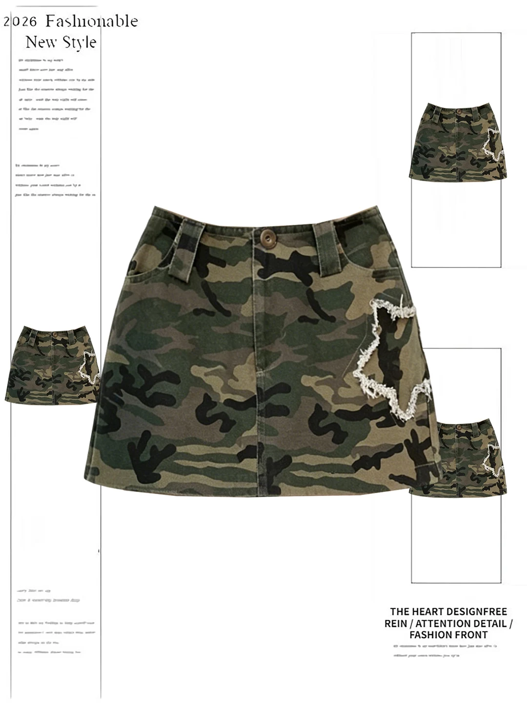 

Retro American Fashionable Camouflage Star Denim Skirt High Waist Slim Fit Casual High Quality Polyester Blend Summer Ne...
