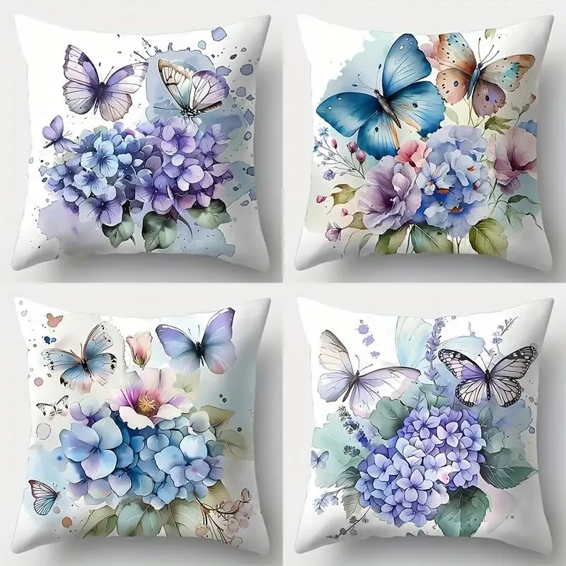 

Наволочка с акварельным рисунком гортензии и бабочек — мягкая наволочка с цветочным узором для элегантного и свежего домашнего декора