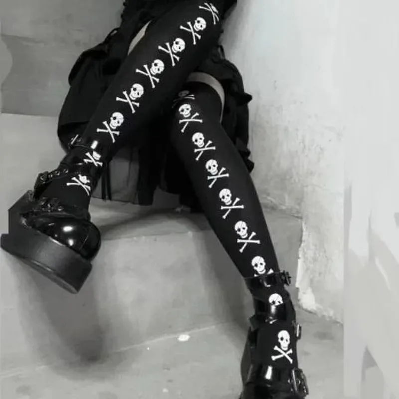Skull Bat Gothic Dark Long Sexy Stockings Women Spider Harajuku Emo Alternative Tights Lingerie Skin Thigh High Garters Hosiery