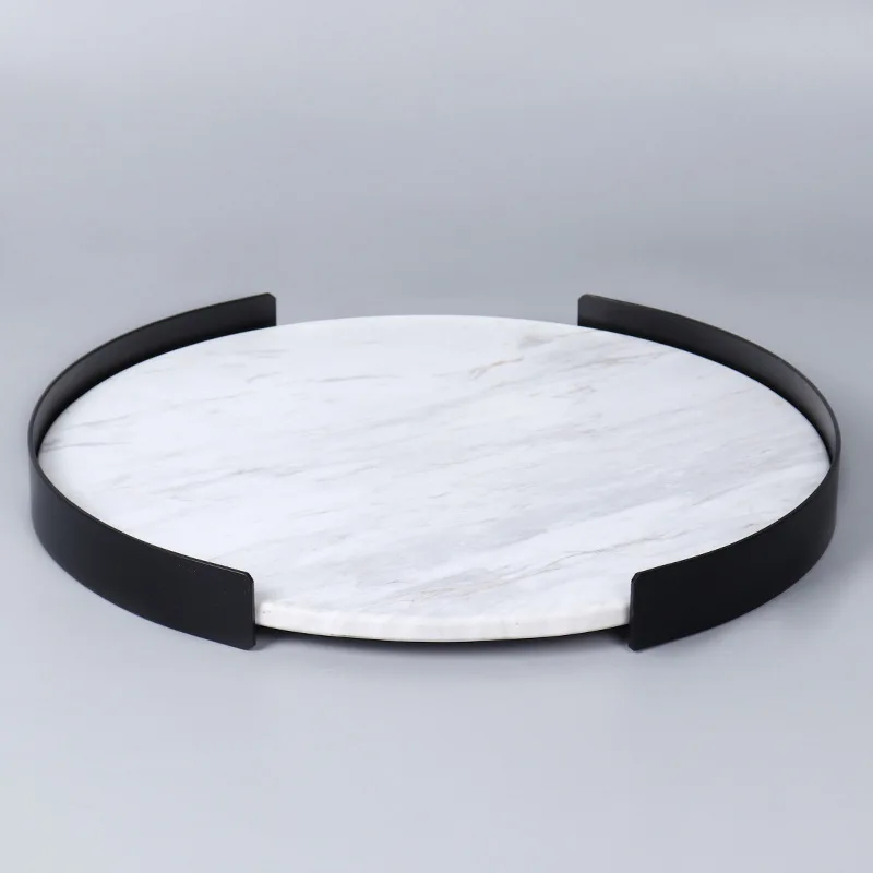 Natural marble black half frame circular stone tray decoration hotel homestay bathroom toiletries desktop jewelry storage tray