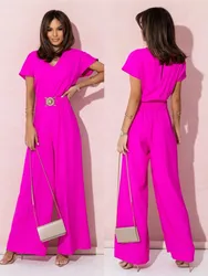 Fashion Women Solid V Neck Short Sleeve Jumpsuits Summer Casual High Waist Loose Jumpsuit Wide Leg Long Pants Romper With Belts