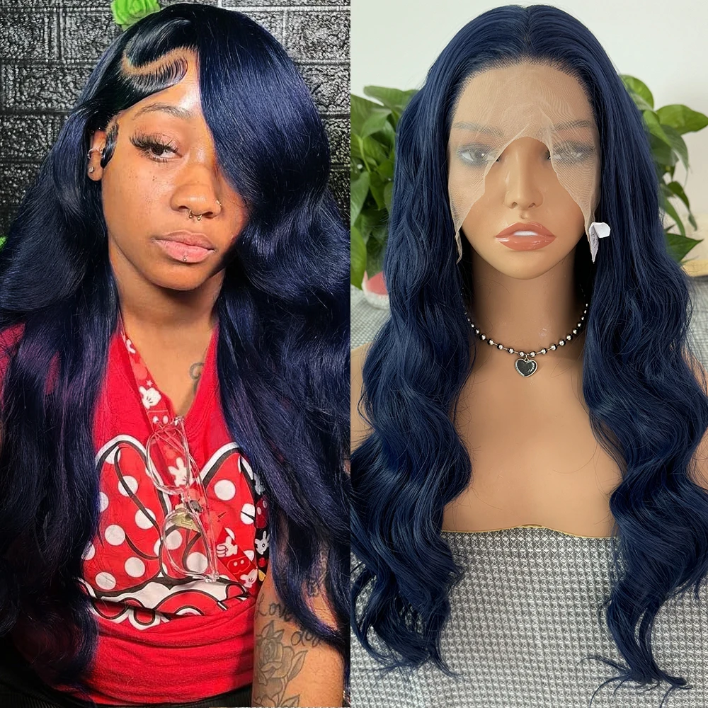 

Dark Blue Deep Wave Wig Synthetic Lace Hair Long Body Wave Lace Wig Frontal Lace Wigs for Women Daily Use Dark Blue Wig Cosplay