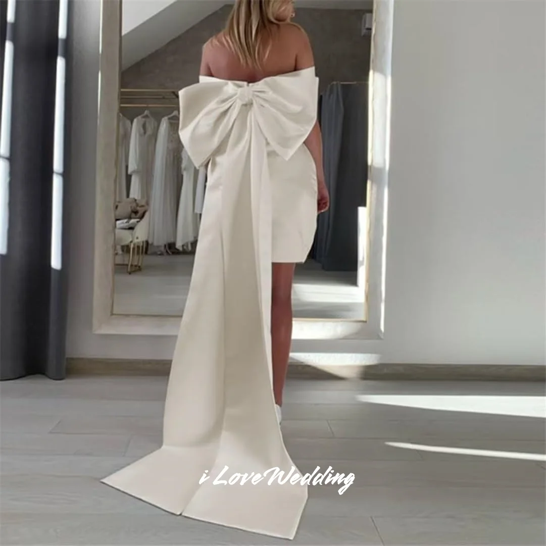 

White Strapless Wedding Dresses 2025 Satin Off Shoulder A-line Mini Skirt Back Big Bow Pleated Wedding Party Dresses Customized