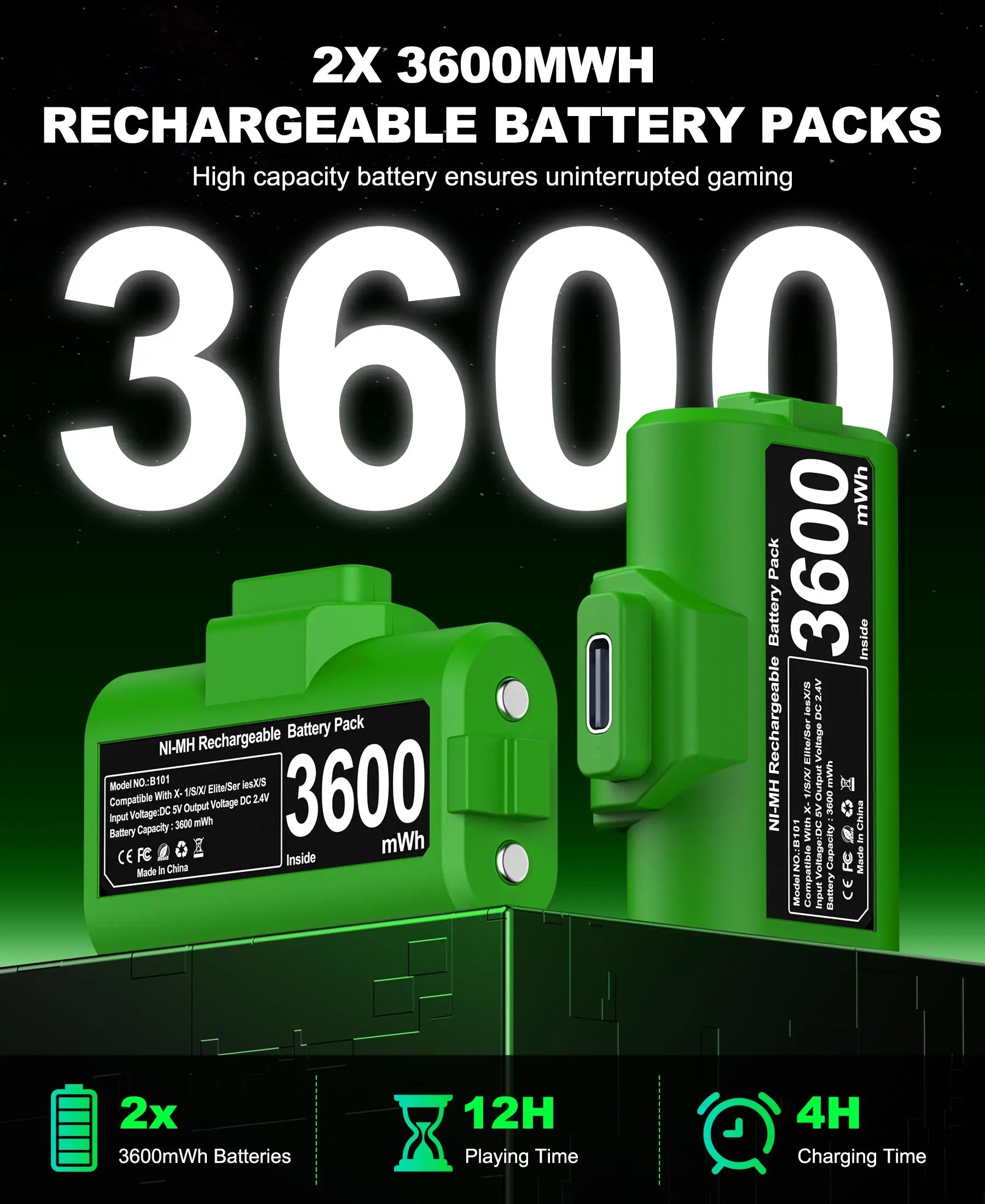 B101/B100 для Xbox One/Xbox Series X | S, аккумулятор для контроллера Xbox 2x3600 мВтч для аксессуаров Xbox Series X/S/Xbox One S/X/Elite