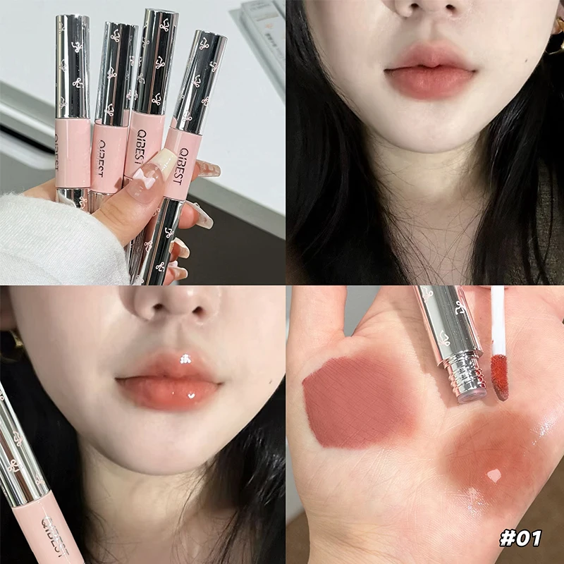 QIBEST Double Head Lip Gloss Matte Velvet Sexy Red Tint Liquid Lipstick Waterproof Lipgloss Lasting Lip Glaze Korean Cosmetics