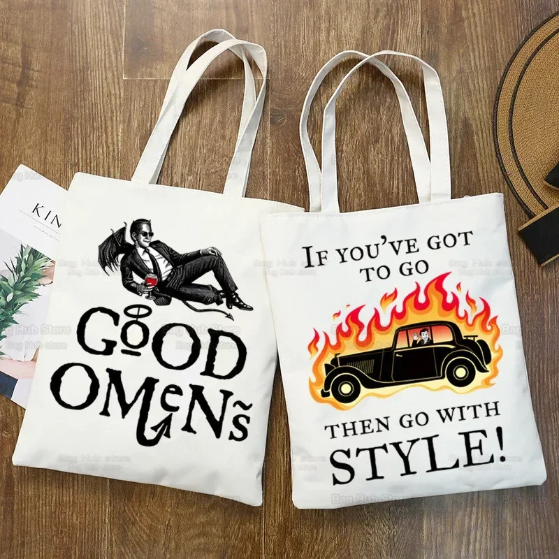 Good Omens Grow Better Reusable Shopping Bag Women Canvas Tote Bags Printing Eco Bag Cartoon Shopper Shoulder Bags