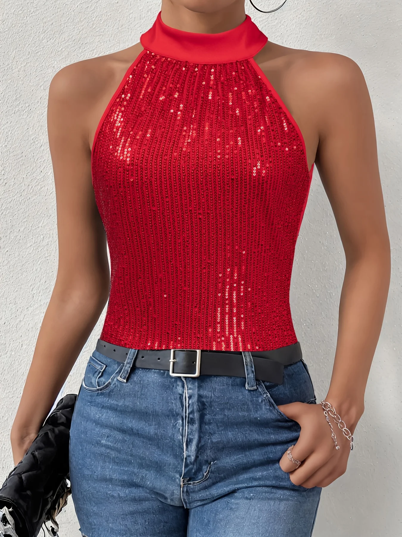 Sequined Tie Red Halter Tops, Elegant Bling Sleeveless Blouses For Summer, Women Disco Evening Party Sparyle Clothing