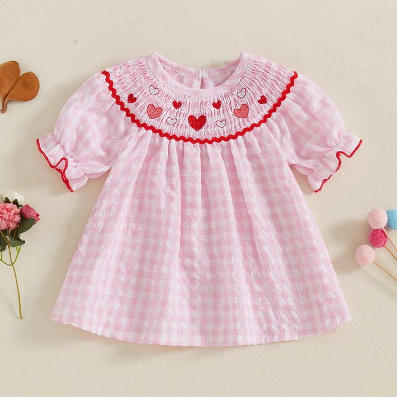 Toddler Baby Girl Valentines Day Outfit Ruffle Smocked Heart Embroidery Dress Plaid Playwear Summer Outfit 6M-4T