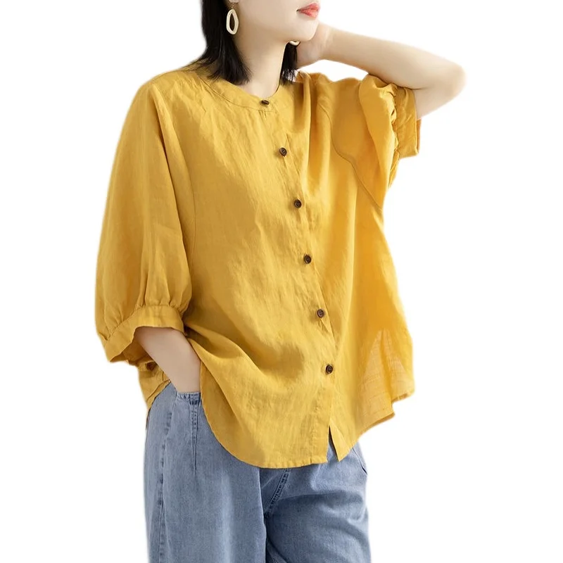 Linho Batwing Sve irt Feminino f Sve Tagl Design Commute Sle redondo Ne Pure Color Summer Faion Ladies' irt