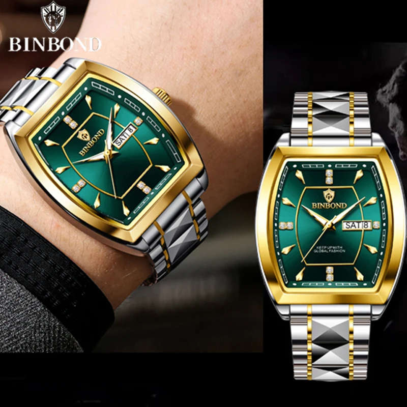BINBOND Gold Quartz Watch For Men Tonneau Dial Luxury Diamond Stainless Steel Band Waterproof Luminous Top Brand Men Wristwatch