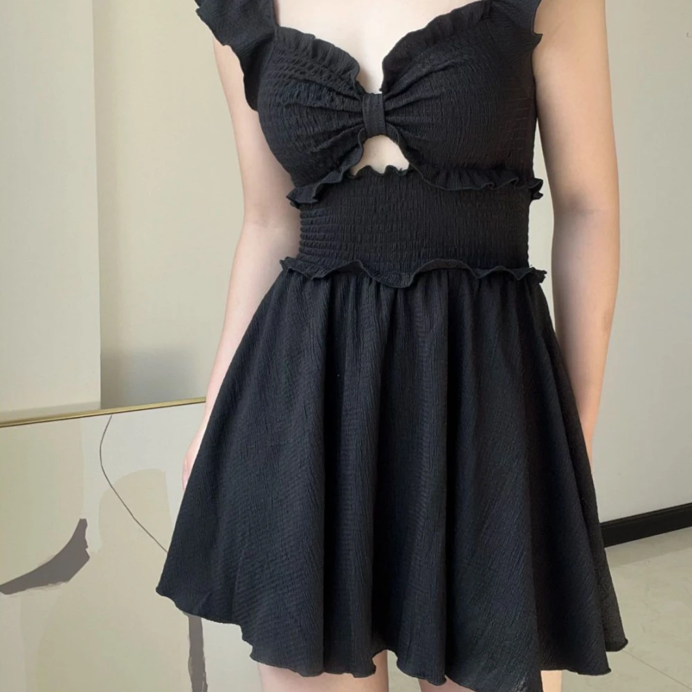 

New Beach Cover-up Women Hotsweet Girls Vintage Bow Designed Hollow Out Backless Retro Chic Ruffles French Style Simple Swimwear