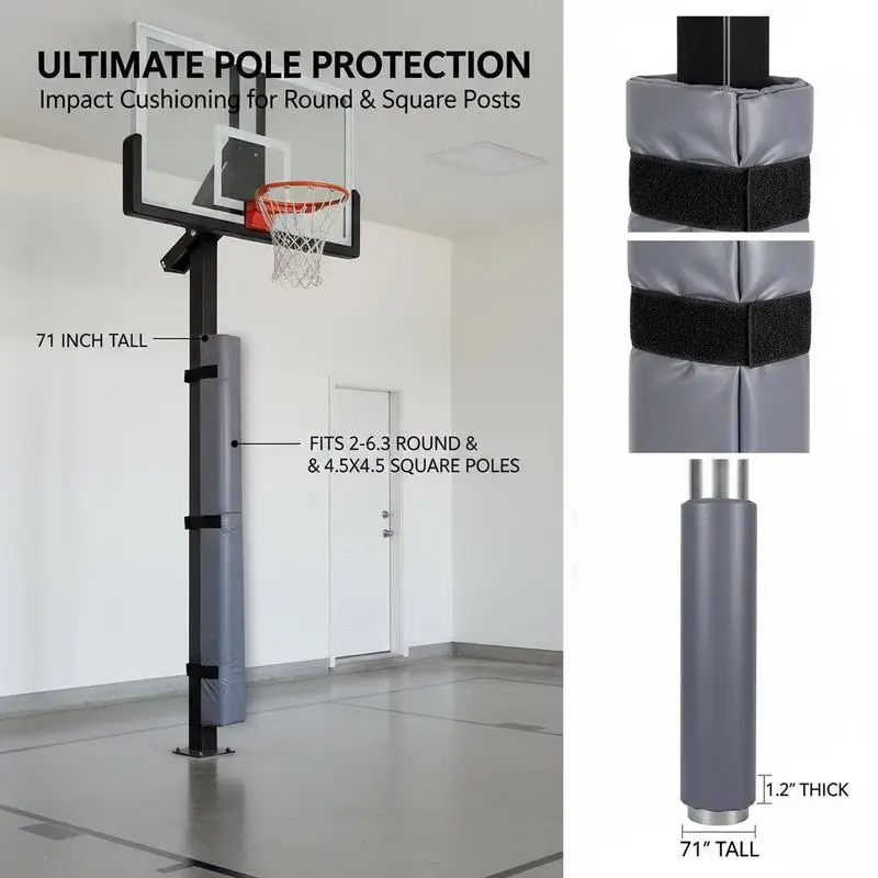 

Basketball Post Cushion 71x1.2 Inch For Driveway Basement Garage Heavy Duty Impact Guard Protective Barrier High Density Foam Sleeve fits 2-6.3 Inch Round 4.5x4.5 Inch Square Pole Basketball Hoop Accessory Black Color Adjustable Hook Loop Fastener Gu