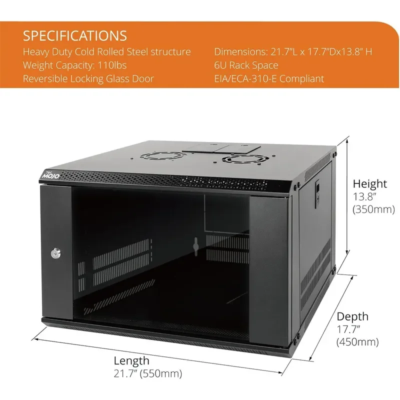 6U Wall Mount Server Cabinet IT Network Rack Enclosure Lockable Door and Side Panels Black Cooling Fan Standard Glass Door
