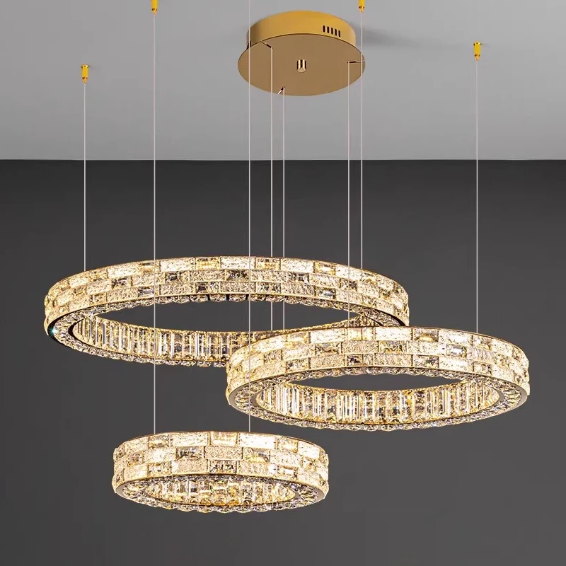

Adjustable Chain Ring Crystal Chandelier Pendant Lamp Designer Nordic Style Stainless Steel Ceiling Light Dimmable Luster