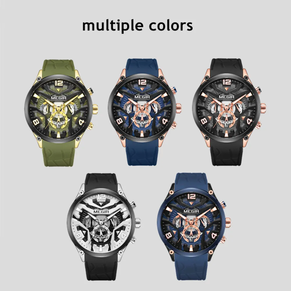 MEGIR 크로노그래프 럭셔리 남성 쿼츠 밀리터리 시계 실리콘 스트랩 방수 남성 스포츠 손목시계 날짜 시계 남성용 시계 2222