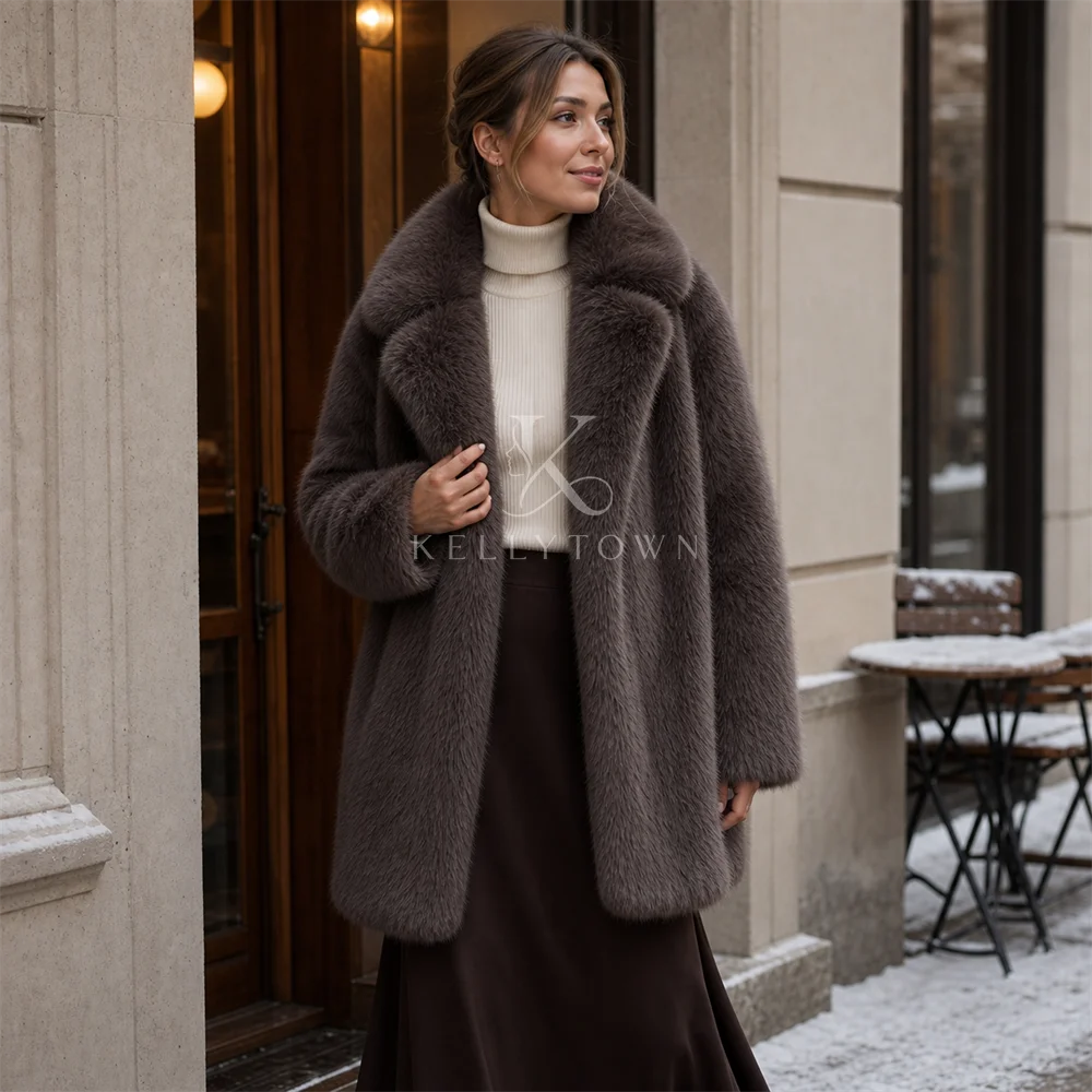 Luxury Fashion Women's Faux Fox Fur Coat Winter Warm Oversized Jacket Long Pile Plush Overcoat Open Front Fluffy Outerwear