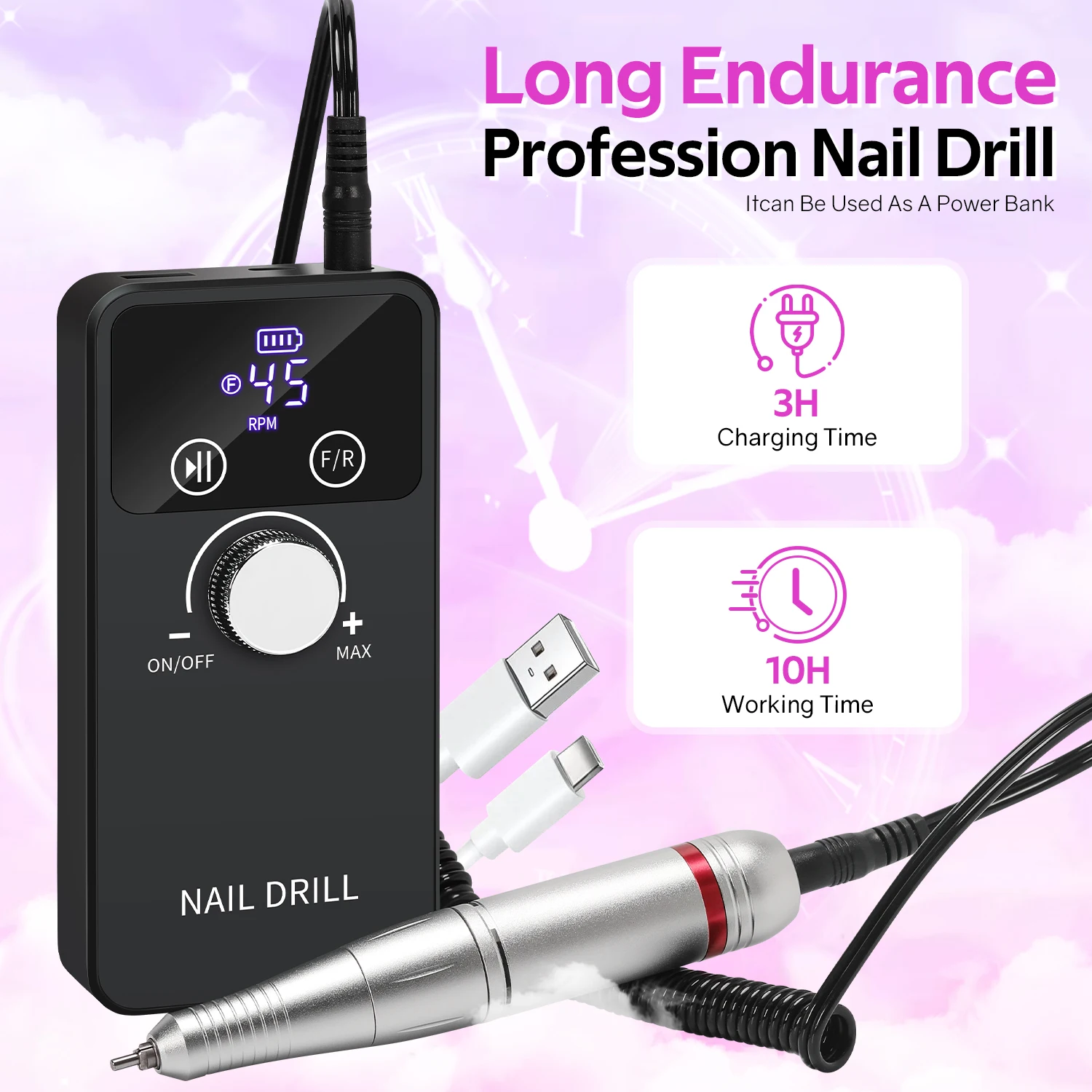 45000RPM Electric Nail Drill Machine Rechargeable Milling Cutter Professional Portable Nail Sander for Manicure Gel Remover Tool