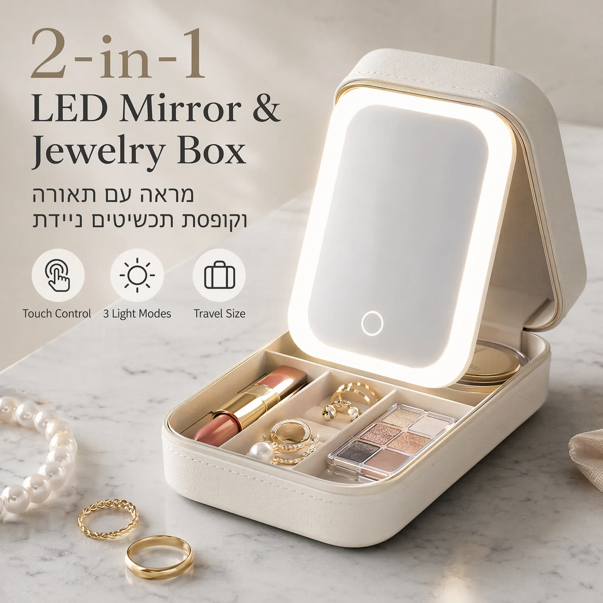 Portable LED Lighted Makeup Mirror Jewelry Box Organizer Travel Cosmetic Case USB Rechargeable Touch Control Vanity Mirror