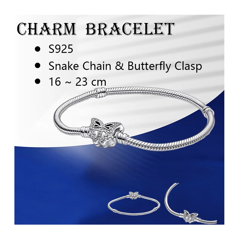 925 Sterling Silver Wrist Charm Bracelets For Women Fine Jewelry Snake Chain Cut Out Heart Bead Set Zircon Stone Butterfly Clasp