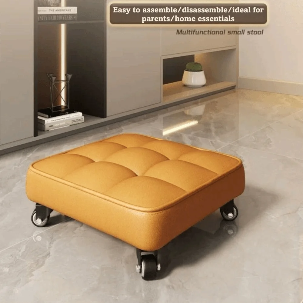 Upholstered Swivel Caster Stool Square Shape Stitched Rolling Stool Rounded Edges Portable Wheeled Short Bench