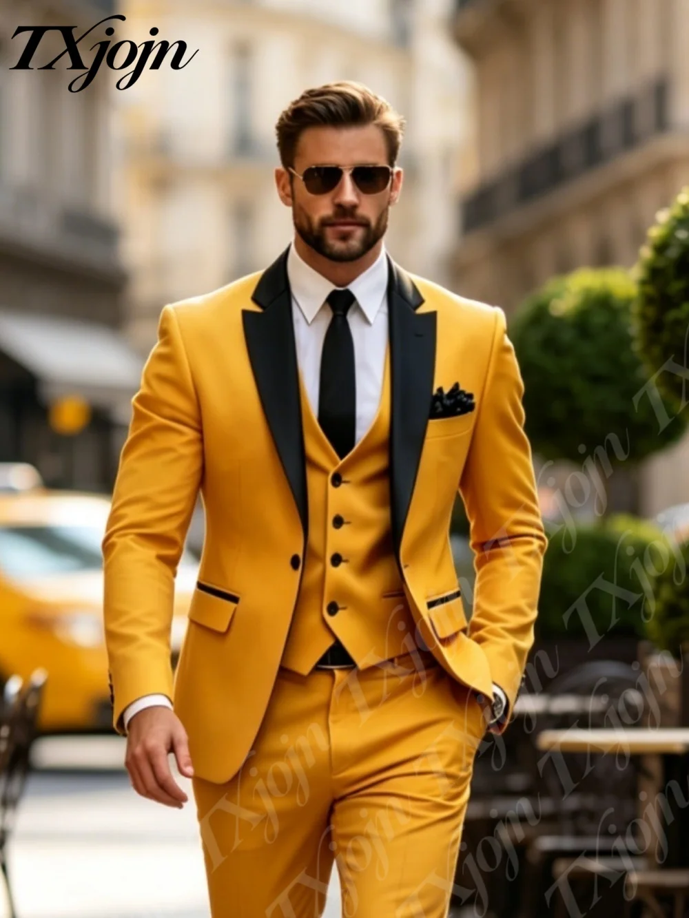 

Stylish Men's Yellow Tuxedo 3 Piece Slim Fit Formal Suit Set 2026 With Black Lapel For Groom Wedding Prom Party Formal Events