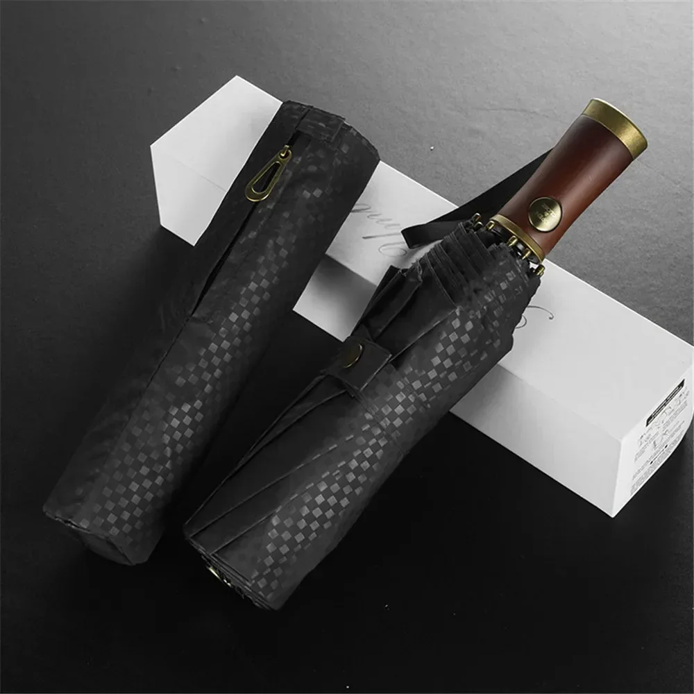 Gorgeous Premium Automatic UV Umbrella with Wood Handle Gift Box Paraguas Parasol for Men Women Gift Business