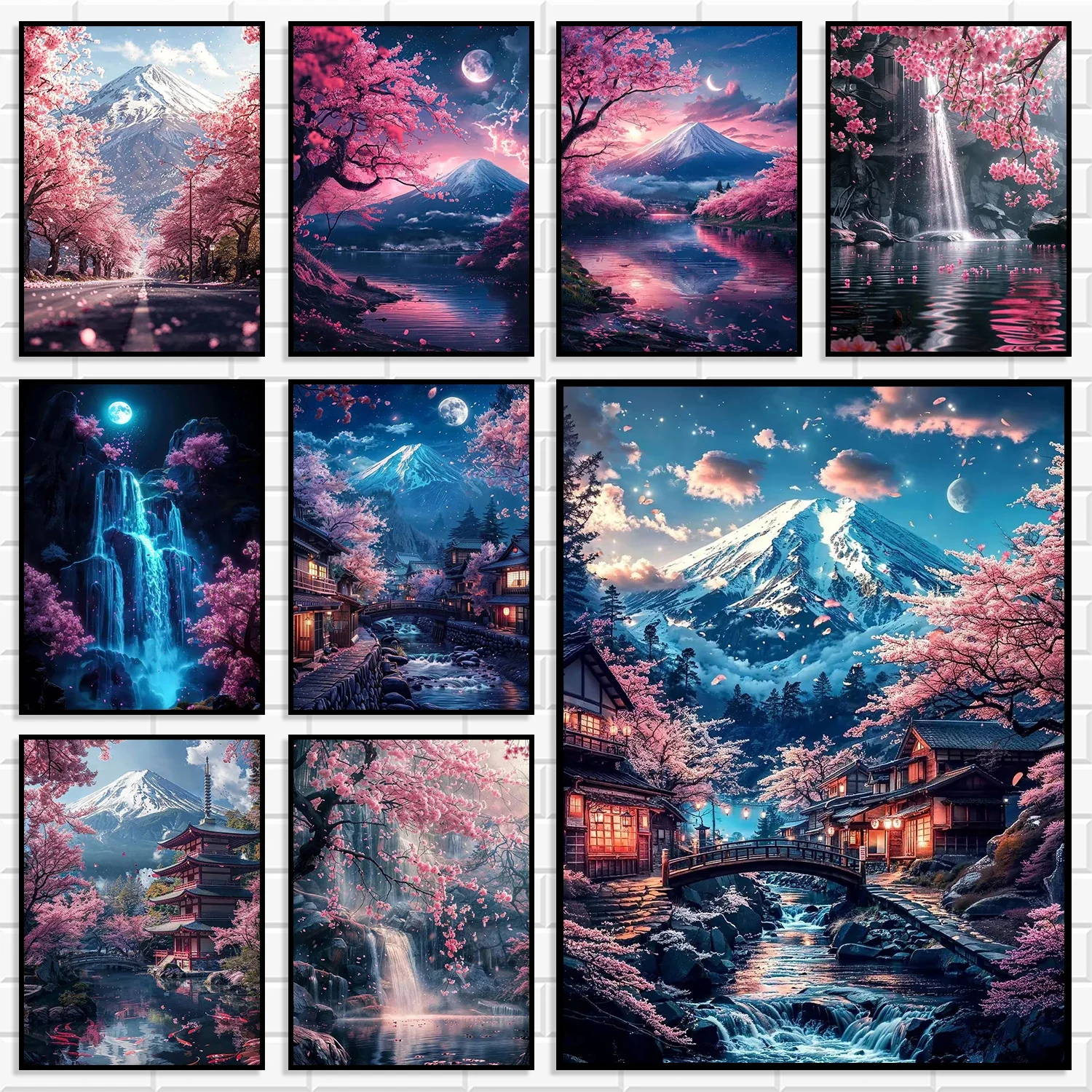 Diamond Painting Japanese Cherry Blossom Mountain Landscape Diamond Wall Art Japanese House Scenery Print Living Room Aestheti