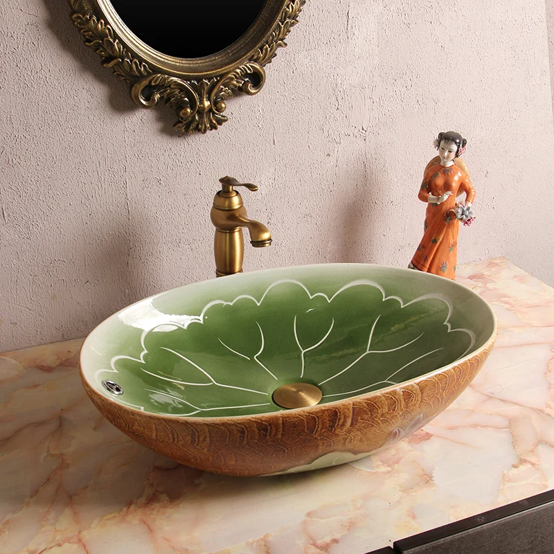 حوض طاولة فني من السيراميك بتصميم عتيق بفتحة تجاوز، حوض غسيل بيضاوي عتيق صيني جديد، حوض حمام كبير بيضاوي #2