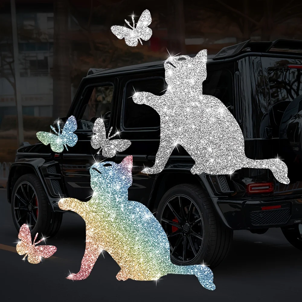 1PC Imitation Diamond Glitter Cat and Butterfly Car Stickers Waterproof for DIY Auto Window Rear Windshield Boat Vinyl Decals