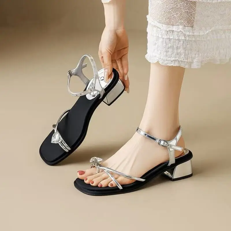 Summer 2026 New Women's Sandals Buckle Strap Thick Heel Open Toe Versatile Drilled Water Diamond Casual Comfortable Slippers