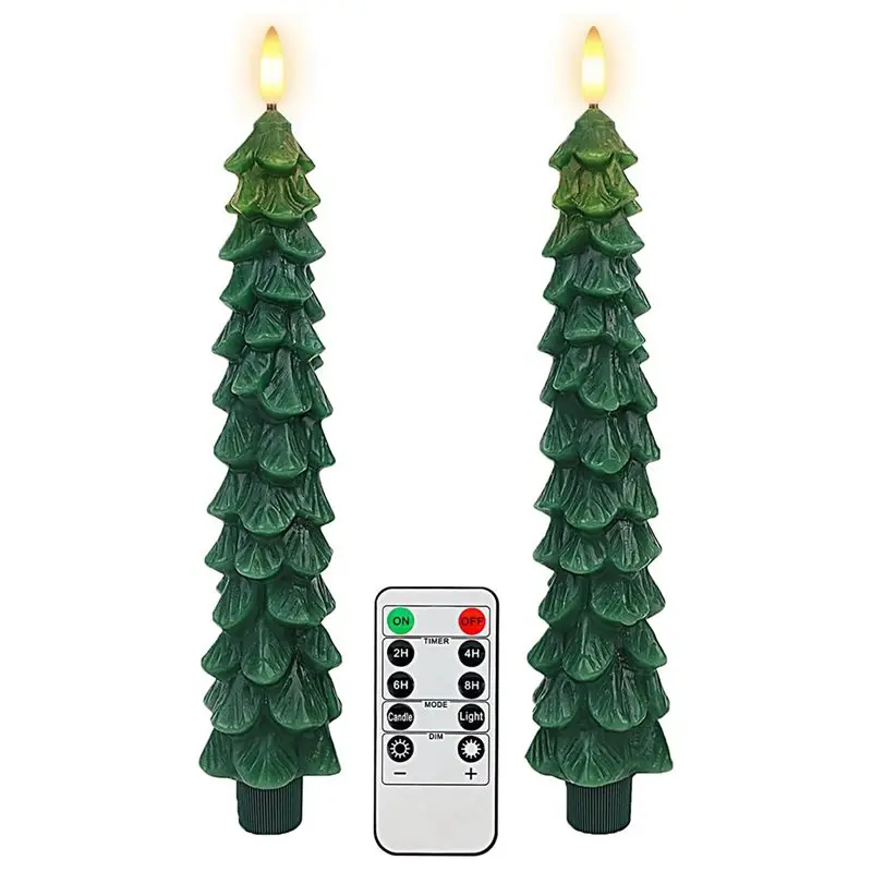 Christmas Tree Candles With Remote Timer, 2Pcs Flameless LED Taper Battery Powered Candles Green Waxy Candlesticks