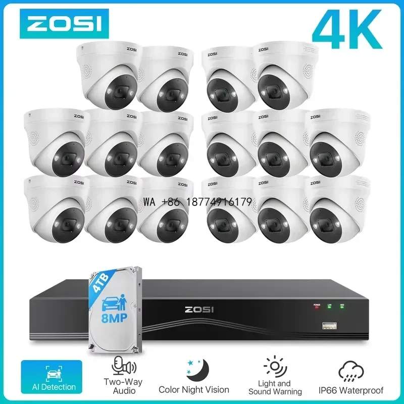wmwmnu ZOSI 4K 8MP PoE Security System 16 Port 32CH Dual-Disk NVR 4TB AI Detection Audio CCTV Surveillance for Home