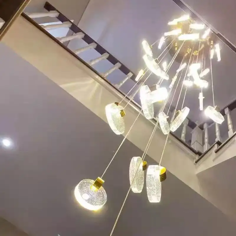 

American style Led Crystal Glass slice Chandelier Indoor Light lustre Long bar/Round Brass Ceiling for Stair decoration
