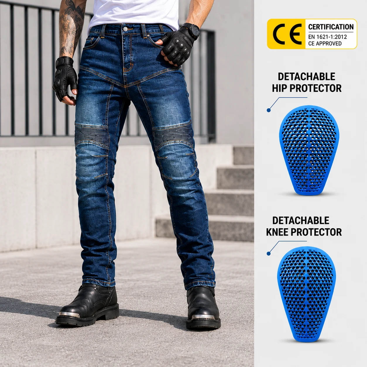 

VOLERO Men Straight Leg Stretch Biker Riding Jeans, High Waist Casual Motorcycle Anti-Fall Trousers With Silicone Pads