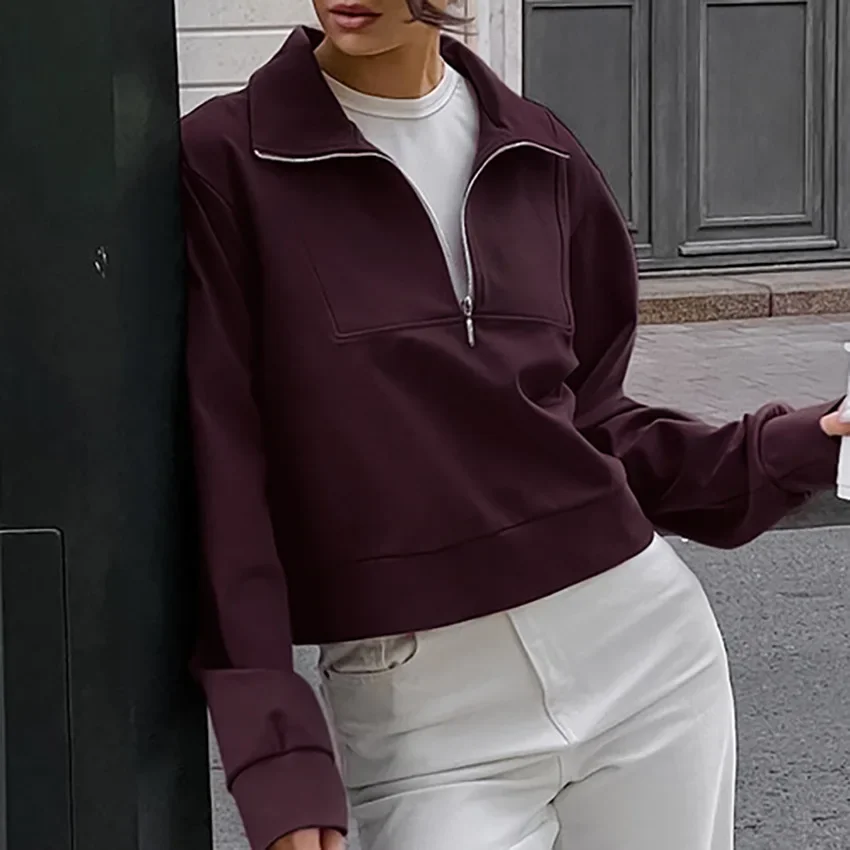 캐주얼 긴 소매 후드티 여성 가을 의류 빈티지 스타일 와인 레드 컬러 스웨트셔츠 여성용 풀오버 하프 지퍼 스트리트웨어