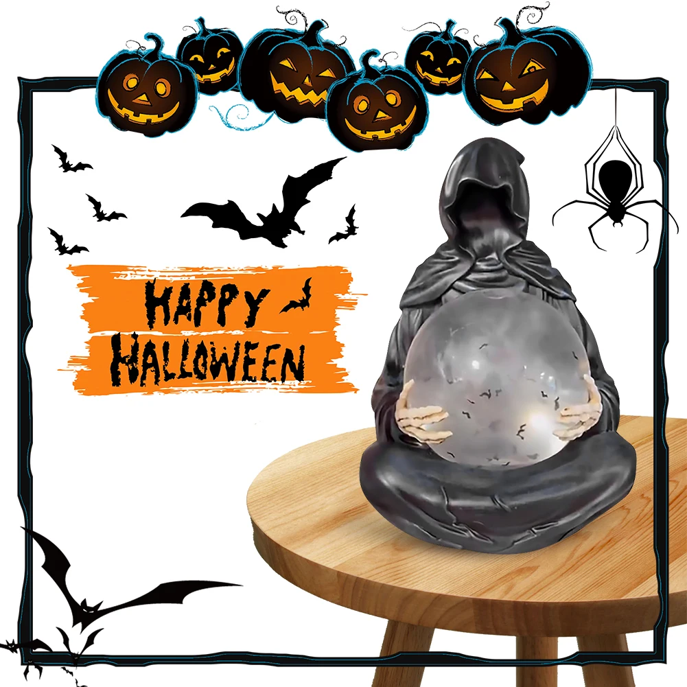 2025 Halloween Grim Reaper Figurine with Light Up Ball The Death God's Crystal Ball Lights Statue W/ Flying Bats Halloween Decor