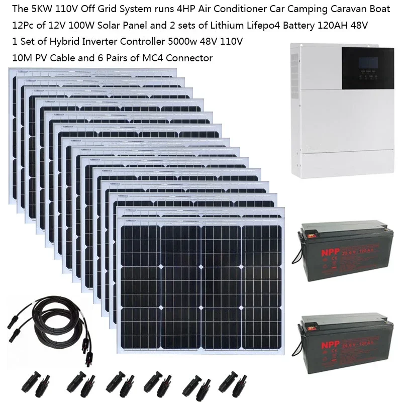 Solar Kit Complete for 5KW 5000W 110v 220V PV Panel 100W Lithium Battery Hybrid Inverter Home Off Grid Car Caravan Camping