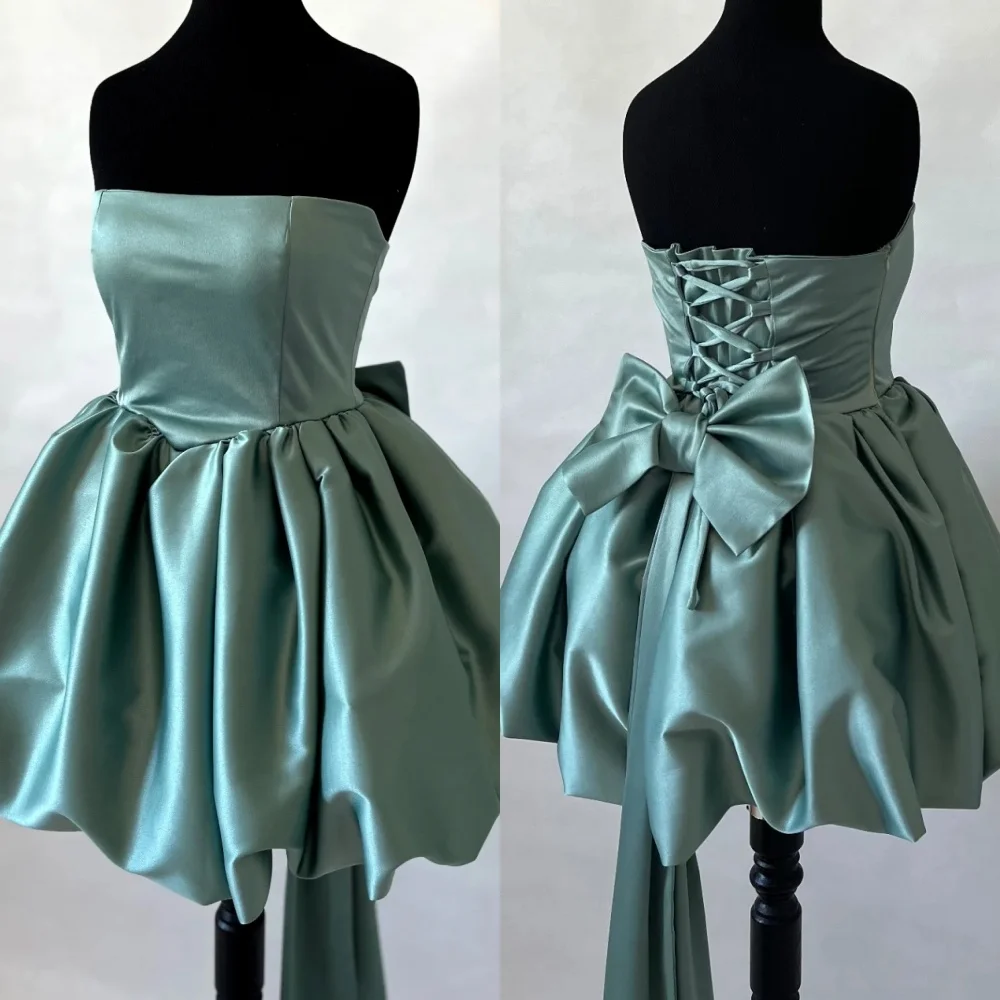 

Customized High Quality Matching Charmeuse Bow Pleat A-line Strapless Mini Dresses Bespoke Occasion Dresses Sizes Available Sexy