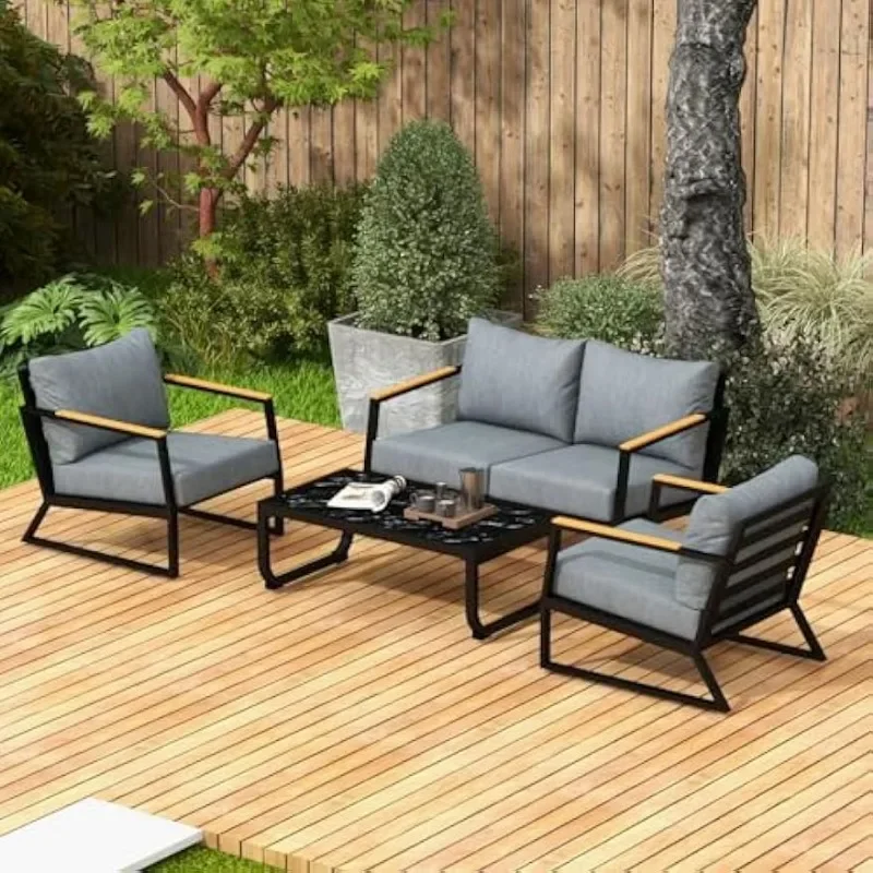 Metal Patio Furniture Set,Modern Outdoor Conversation Set,Patio Set with Sofa and Coffee Table for Balcony,Garden,Deck and Porch