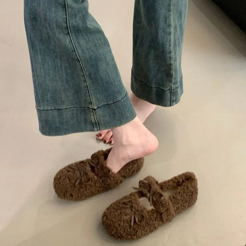 New Style Fashion Women's Shearling Ballet Flats with Strap Warm Rabbit Fur Plush Lined Crystal Buckle Mary Jane Flat Shoes view 3