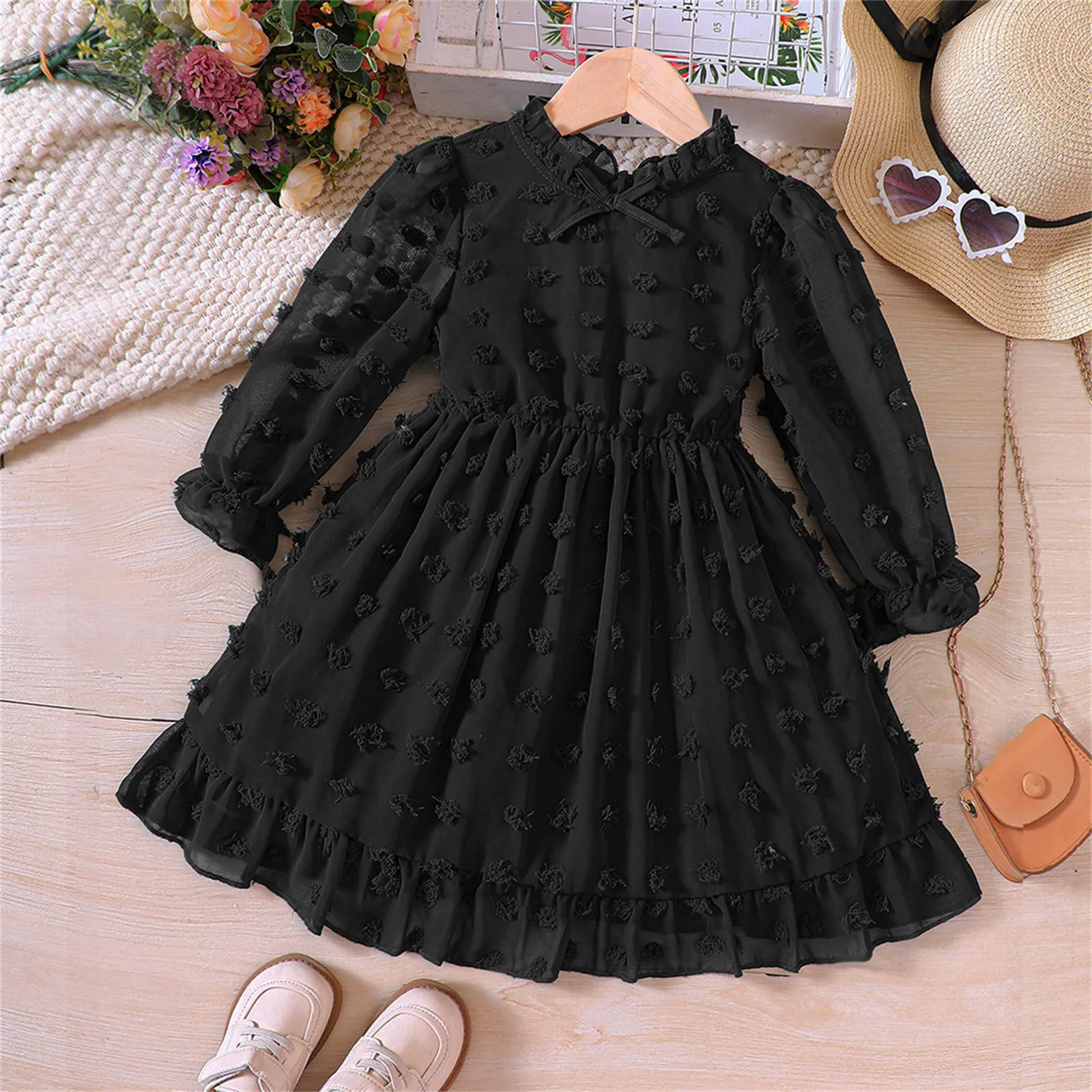 Toddler Girls Dot Jacquard Dress Long Sleeve New Solid Elegant Chiffon A Line Ruffle Dress Autumn Kids Birthday Party Dress 1-6Y