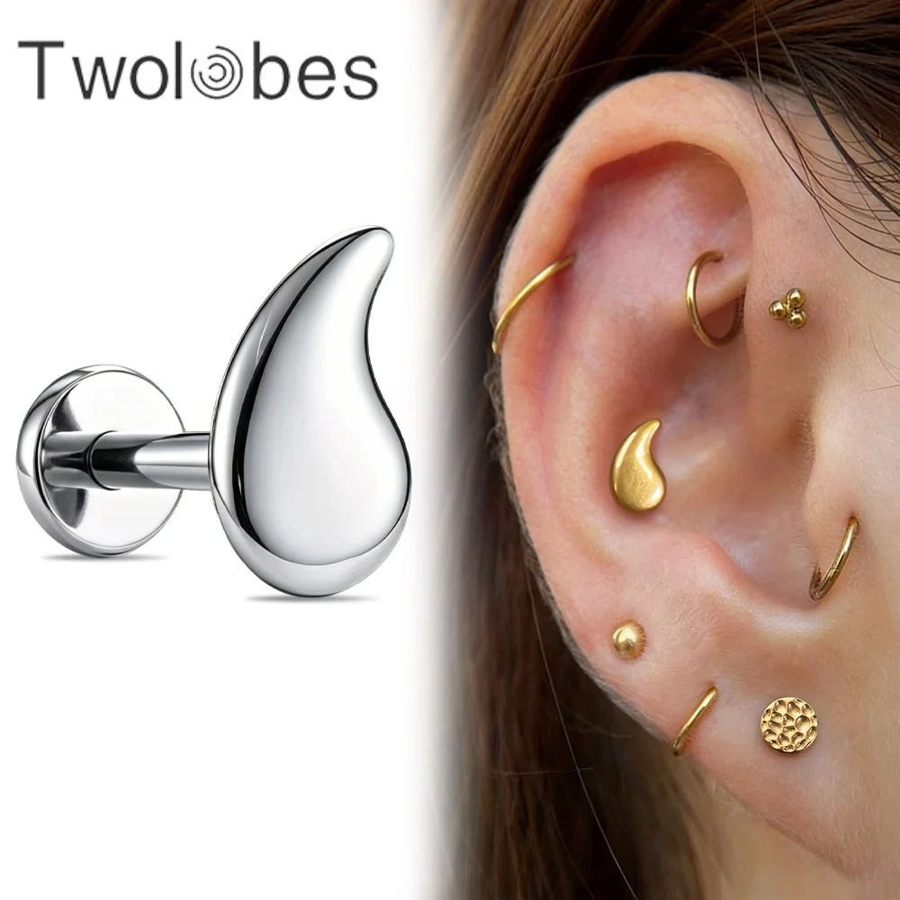Twolobes 1PC Titanium Teardrop Labret Piercing Waterdrop Internally Threaded Flat Back Ear Studs Helix Tragus Cartilage Jewelry